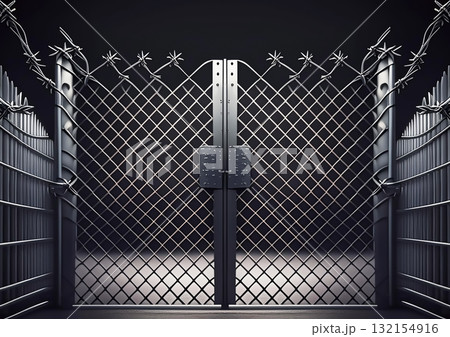 厳重に施錠された金属製の鉄格子の3dイラスト 132154916
