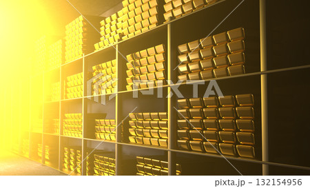 Generic gold reserve vault with stacks of gold bars. Bank vault with gold and cash. 3d rendering 132154956