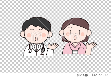 一位醫生和一位護士引導您 - 兩位男士和女士的插圖 一位醫生和一位護士引導您 - 兩位男士和女士的插圖 132155052