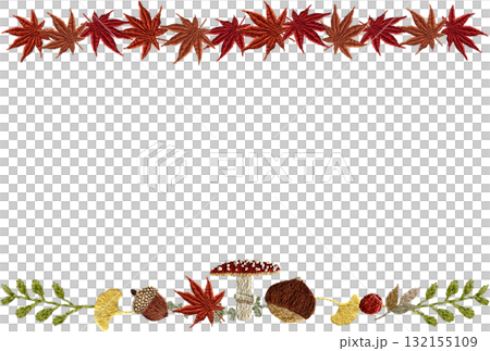 【秋モチーフの上下枠】手刺繍イラスト素材 132155109