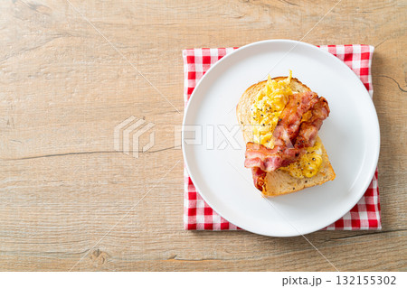 bread toast with scramble egg and bacon bread toast with scramble egg and bacon 132155302