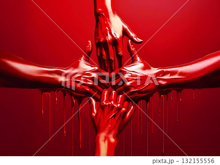 赤い背景に赤い塗料でペイントされた手の3dイラスト 132155556
