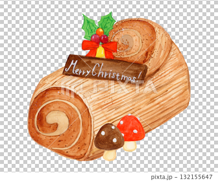 Watercolor hand-painted illustration of Buche de Noel and marzipan mushrooms | Christmas cake material Watercolor hand-painted illustration of Buche de Noel and marzipan mushrooms | Christmas cake material 132155647