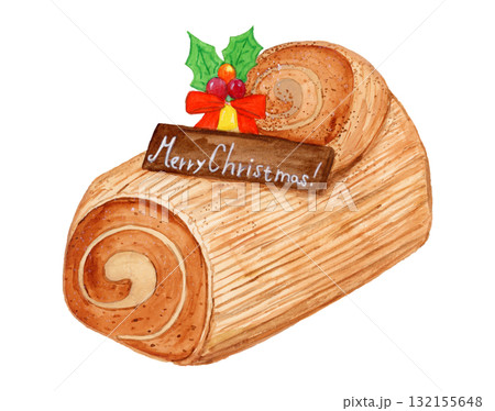 水彩手描きのクリスマスケーキ・ブッシュドノエルのイラスト素材 132155648