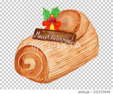 水彩手繪聖誕蛋糕Buche de Noel插畫素材 132155648