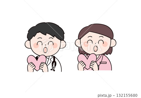 ハートを持った医者と看護師　男女2人のイラスト 132155680