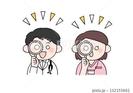 虫眼鏡で見る医者と看護師　男女2人のイラスト 132155681