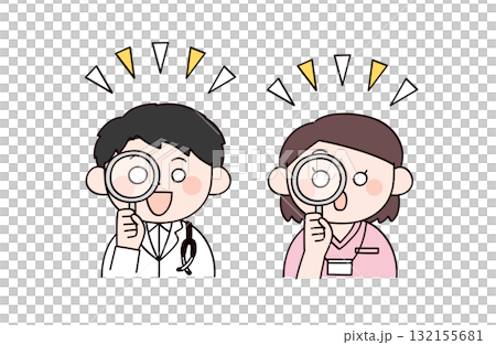 虫眼鏡で見る医者と看護師　男女2人のイラスト 132155681