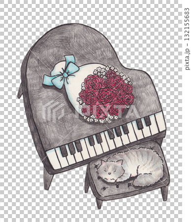 Illustration of a grand piano, a bouquet of roses, and a cat 132155683