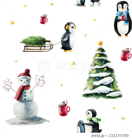 Cute smiling penguin pulling wood winter sleigh with pine tree. Christmas tree in the snow with toys, balls. Snowman in a red hat and scarf, nose carrot, hands branches with berries. Christmas north Cute smiling penguin pulling wood winter sleigh with pine tree. Christmas tree in the snow with toys, balls. Snowman in a red hat and scarf, nose carrot, hands branches with berries. Christmas north 132155700