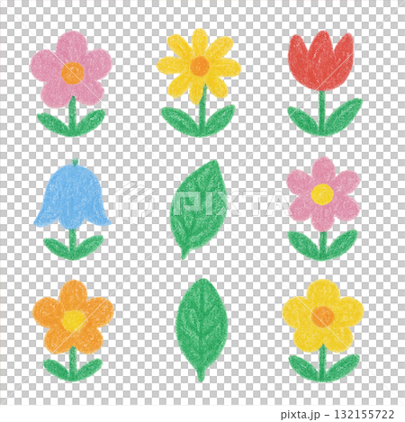 クレヨンで描かれた花と葉のアイコン 132155722