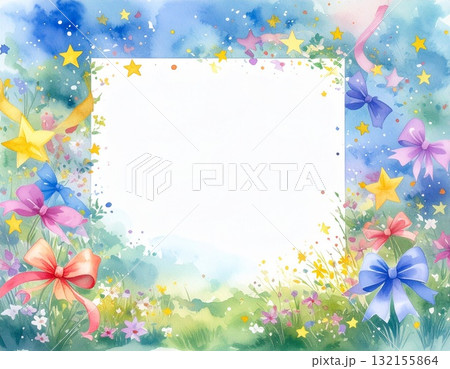 リボンと花と星の角型フレーム・水彩画タッチ（AI生成画像） 132155864