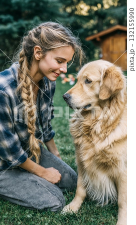 Woman bonding with golden retriever on grass outdoors 132155990