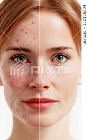Woman comparing acne breakout skin before after treatment Woman comparing acne breakout skin before after treatment 132156004