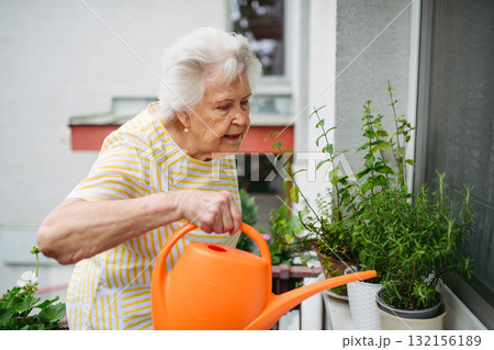 Elderly woman watering potted herbs on balcony. 132156189