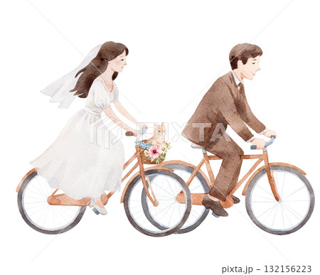 Watercolor illustration of a bride and groom riding bicycles. Romantic wedding couple artwork, perfect for wedding invitations, greeting cards, love-themed prints, or anniversary decor. Watercolor illustration of a bride and groom riding bicycles. Romantic wedding couple artwork, perfect for wedding invitations, greeting cards, love-themed prints, or anniversary decor. 132156223