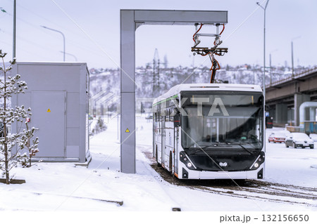 An Electric Tram is Traveling Through a Beautiful and Serene Winter Landscape Covered in Soft Snow An Electric Tram is Traveling Through a Beautiful and Serene Winter Landscape Covered in Soft Snow 132156650