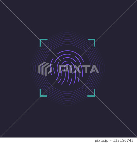 Biometric fingerprint security icon. Digital identity protection and cybersecurity authentication in modern abstract design with swirling purple waves and green brackets for enhanced visual appeal 132156743