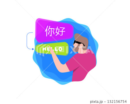 Real-time translation smart glasses vector illustration overlays subtitles in meetings. Breaking language barriers for global teams in international business and cross-cultural tech strategies Real-time translation smart glasses vector illustration overlays subtitles in meetings. Breaking language barriers for global teams in international business and cross-cultural tech strategies 132156754