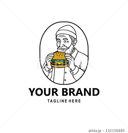 Vintage logo design of an old man eating a burger. Retro style illustration for restaurant, fast food, or burger brand identity. 132156885