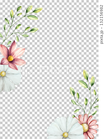 Spring flowers and branches with leaves postcard Watercolor gerbera, chamomile, echinacea. Hand drawn wildflower art isolated on background, transparent png. Botanical, easter and wedding illustration 132156982