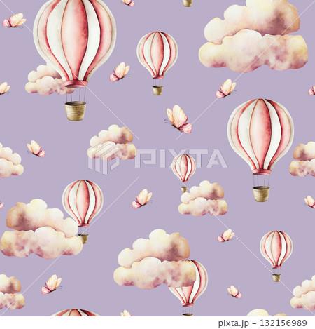 Air Balloons with basket, butterflies and Summer air clouds seamless pattern. Watercolor hand drawn nursery clipart isolated on background. Cute illustration. Baby shower design elements. Party Air Balloons with basket, butterflies and Summer air clouds seamless pattern. Watercolor hand drawn nursery clipart isolated on background. Cute illustration. Baby shower design elements. Party 132156989