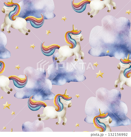 Unicorn seamless pattern. Watercolor hand drawn rainbow magical animal, clipart isolated on background, cartoon horse transparent png illustration. Baby shower greeting cards or childish birthday 132156992
