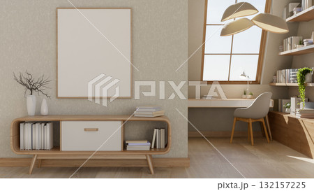 A blank frame hanging over wooden table near a corner with desk and armchair under lamps and window. A blank frame hanging over wooden table near a corner with desk and armchair under lamps and window. 132157225