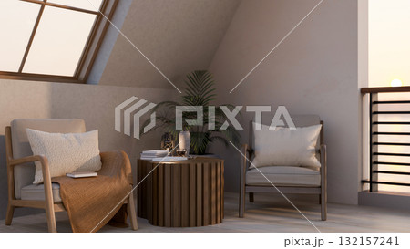 Two Armchairs with pillows and a wooden stool table in the room corner under roof window. Two Armchairs with pillows and a wooden stool table in the room corner under roof window. 132157241