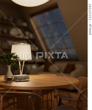 Set of wooden round table and armchairs in study room with coffee and books placing on the tabletop. 132157287