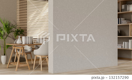 Empty white wall between a study or working corner and the wooden parquet floor corridor or hallway. 132157290