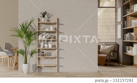 Wooden shelf with cups and seasoning and potted plant at the wall between study corner and corridor. 132157291