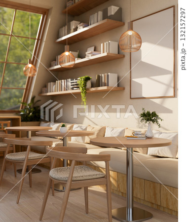 Wooden stool table with glasses on the books and armchair with fabric sofa under roof window. Wooden stool table with glasses on the books and armchair with fabric sofa under roof window. 132157297