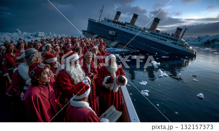A group of people dressed as Santa Claus standing on a boat in front of a large ship A group of people dressed as Santa Claus standing on a boat in front of a large ship 132157373