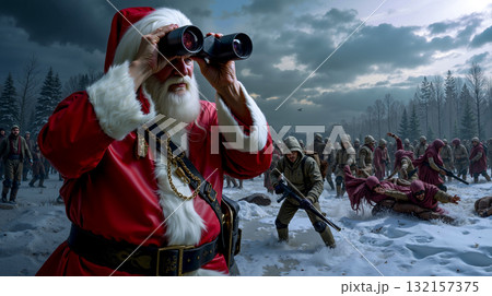 A man dressed as Santa Claus looking through binoculars in front of a group of soldiers 132157375