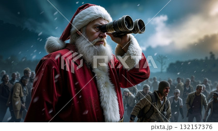 A man dressed as Santa Claus looking through binoculars in front of a crowd of people A man dressed as Santa Claus looking through binoculars in front of a crowd of people 132157376