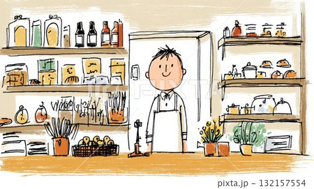 パン屋で働く店員さんのイラスト 132157554