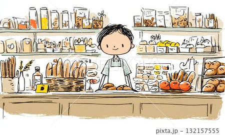 パン屋で働く店員さんのイラスト パン屋で働く店員さんのイラスト 132157555