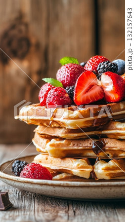 Delicious Stack of Waffles Topped With Fresh Fruit and Chocolate Sauce at a Cozy Breakfast Spot 132157643