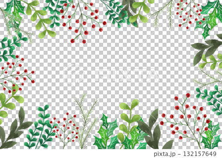 ボタニカル風水彩の草木フレーム 132157649