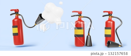 3d foam fire extinguisher cartoon isolated render icon. Chemical firefighter equipment set with liquid flow of powder or aerosol. Emergency red container tool for rescue with button. 3D illustration 3d foam fire extinguisher cartoon isolated render icon. Chemical firefighter equipment set with liquid flow of powder or aerosol. Emergency red container tool for rescue with button. 3D illustration 132157658