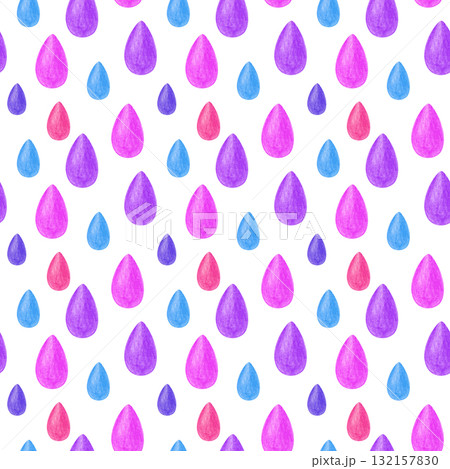 Seamless pattern with pink and purple drops, drawn with colored pencils. Drawing of multicolored raindrops on a white background. Seamless background for nursery wallpaper, packaging, textiles Seamless pattern with pink and purple drops, drawn with colored pencils. Drawing of multicolored raindrops on a white background. Seamless background for nursery wallpaper, packaging, textiles 132157830