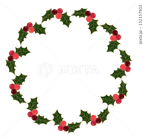 Christmas holly wreath frame, decorative border doodle style isolated on white background 132157932
