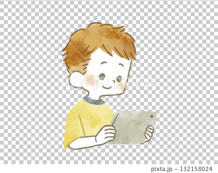 タブレットPCを見ている男の子-水彩 132158024