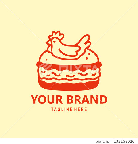 A simple line illustration logo featuring a chicken sitting a top a bun or a burger 132158026