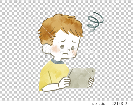 困った表情でタブレットPCを見ている男の子-水彩 困った表情でタブレットPCを見ている男の子-水彩 132158123