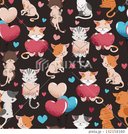 Cute Cats Seamless Pattern. Couple in Love, Animals with Flying Balloon, Gift Box and Heart Bouquet. Flat Design Valentine Background for Gift Wrap, Textile and Romantic Packaging. 132158160