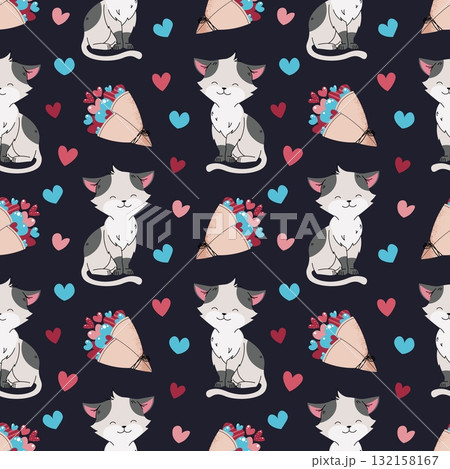 Cute Cat with Bouquet of Hearts Seamless Pattern. Flat Design Valentine Background for Gift Wrap, Textile, Stationery and Romantic Design Projects Cute Cat with Bouquet of Hearts Seamless Pattern. Flat Design Valentine Background for Gift Wrap, Textile, Stationery and Romantic Design Projects 132158167