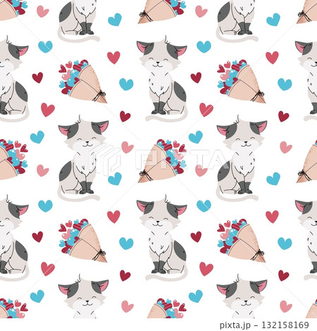 Cute Cat with Bouquet of Hearts Seamless Pattern. Flat Design Valentine Background for Gift Wrap, Textile, Stationery and Romantic Design Projects Cute Cat with Bouquet of Hearts Seamless Pattern. Flat Design Valentine Background for Gift Wrap, Textile, Stationery and Romantic Design Projects 132158169