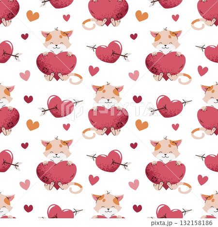 Cute Valentine Seamless Pattern with Kitten Hugging Heart. Flat Design Love Background for Gift Wrap, Textile, Wallpaper and Romantic Design 132158186